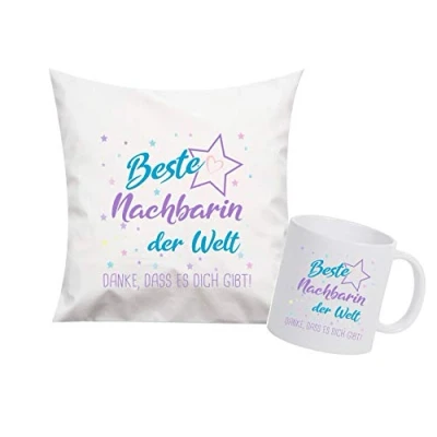 Abbildung von ShirtInStyle, Geschenkset, beste Nachbarin der Welt, danke das es dich gibt! Kissen und Tasse als Set Farbe weiß