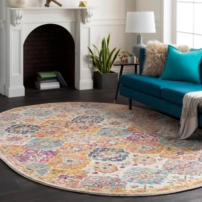 Abbildung von Surya Sicily Vintage Teppich oval Wohnzimmer 200x275 cm, Esszimmer, Schlafzimmer Orientalischer Boho Style Carpet Living Room, Bunter Muster, Senfgelb, Orange, Weinrot und Blau