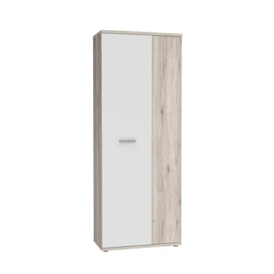 Abbildung von FORTE NET106 Schrank 70 180, Mehrzweckschrank klein, Staubsaugerschrank, Abstellraum, Drehtürenschrank, 2 türig mit Einlegeböden, Weiß Holzdekor: Sandeiche, 69 cm breit x 179 hoch 35 tief