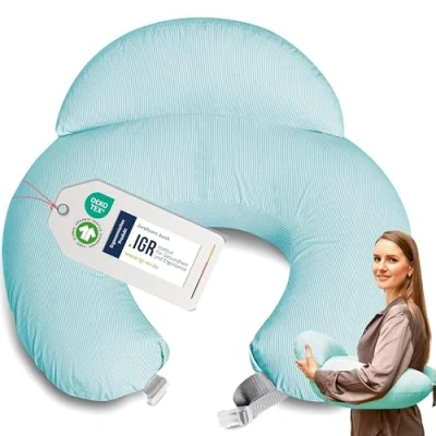 Abbildung von sei Design Stillkissen klein Baby Stillhörnchen mit abnehmbaren Stillkissenbezug aus 100% Baumwolle Stillmond Mond Lagerungskissen, Erstausstattung (Comfortcuddle Streifen Mint)