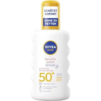 Abbildung von NIVEA SUN Sensitiv Sofort Schutz Sonnenspray LSF 50+, Sonnenmilch mit 50+ für empfindliche Haut, wasserfester &amp; duftfreier Sonnenschutz bei Sonnenallergie (200 ml)