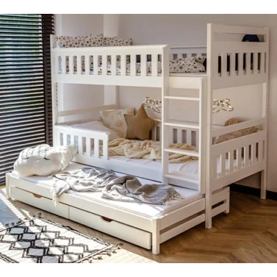 Abbildung von Kids Collective Hochbett 90x200 mit Ausziehbett Kinderbett Ausziehfunktion, zwei Schubladen Lattenrost, Rausfallschutz, umbaubar in drei Betten, Vollholz weiss
