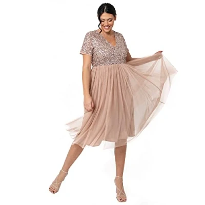 Abbildung von Maya Deluxe Damen Midi Kleid mit V Ausschnitt, Verziert Brautjungfernkleid, Taupe Blush, 44