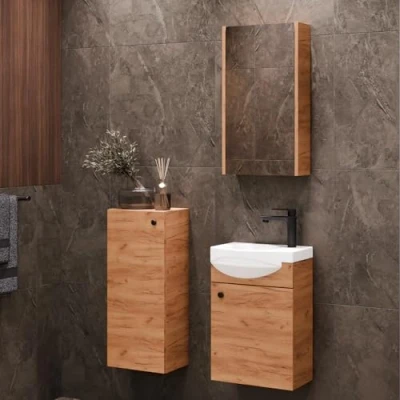 Abbildung von Planetmöbel Badset komplett aus Unterschrank 40cm mit Waschbecken, Spiegelschrank und 1x Midischrank in Gold Eiche, Komplettset für Badezimmer 4 teilig