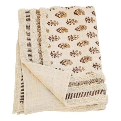 Abbildung von Loberon Plaid Arsalan, Getuftete Fransen Verzierung, Florales Printmotiv, Rückseite mit Texturierter Musterung, Wohntextilien, Wohndecke, Baumwolle, Creme/braun