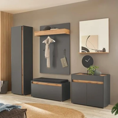 Abbildung von Flur Garderoben Set in anthrazit mit Eiche, 5 teilig, Garderobenpaneel, Schuhbank, Garderobenschrank, Spiegel, Kommode, modern