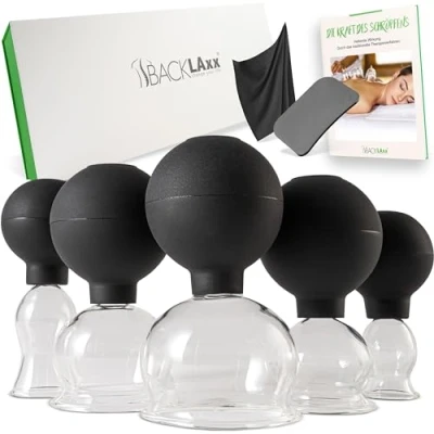 Abbildung von BACKLAxx® Massagegerät Schröpfgläser, 5 teilig 7 tlg., 5x Glocken, 1x Faszienschaber, Mikrofasertuch