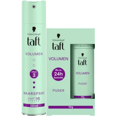 Abbildung von Schwarzkopf Taft Haarstyling Puder Volumen (10g) &amp; Haarspray (250 ml), Haltegrad 3, für alle Haartypen, Haarspray, Haarpuder, vegane Formel*
