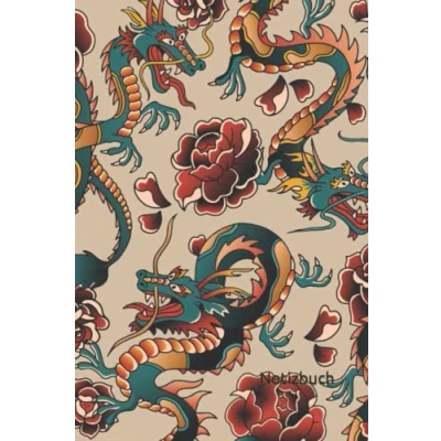 Abbildung von Notizbuch: Chinesischer Drache Notizbuch 6x9 Zoll DIN A5 100 Seiten liniert Drachen Notizheft Drachenmuster Tagebuch Drachentattoo Schreibheft