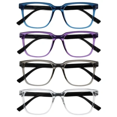 Abbildung von OPULIZE LEO Lesebrille 4er Pack Großes Rechteckiges Gestell Blau, Lila, Grau, Klar Herren Damen Federscharniere RRRR55 357C +1.00