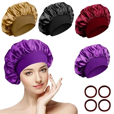 Abbildung von 4 Stück Satin Haarhaube Nacht Schlafhaube mit Haargummis, Schlafmütze Haare Schützen Elastisch Wiederverwendbare Bonnet Sleep Cap Schlafkappe für Damen und Mädchen