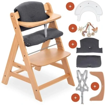 Abbildung von Hauck Kinder Hochstuhl Alpha Plus inkl. Play Tray Basis, Spielring Catching &amp; Sitzpolster Mitwachsender Babystuhl aus Holz, Kinderhochstuhl ab 6 Monate, verstellbar Natur
