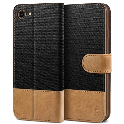 Abbildung von BEZ iPhone 7 Hülle, Hülle Klappbar, Handyhülle Kompatibel für 7, 8 Schutzhülle Tasche [Stoff und PU Leder] mit Kreditkartenhaltern Schwarz