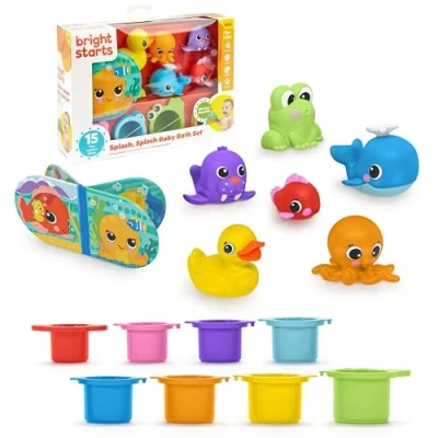 Abbildung von Bright Starts, Splash, Splash Baby 15 Stück Badeset wasserdichtes Buch, Gummientchen, Tierspielzeug und Stapelbecher, Unisex, 6 Monate+
