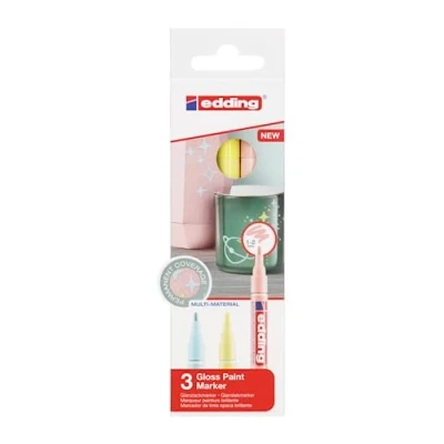 Abbildung von edding 751 Glanzlackmarker gelb, rosa, blau (pastell) 3er Set Lackmarker Rundspitze 1 2 mm Lackstift für Glas, Stein, Holz, Kunststoff und Papier wasserfest, stark deckend