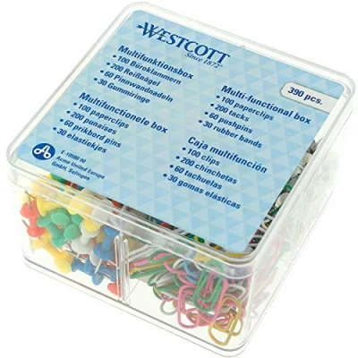 Abbildung von Westcott Multifunktionsbox, Bürobox, 390 Teile, Büroklammer, Reißnägel, Pinnwandnadeln, Gummiringe, bunt, transparent, E 10580 00