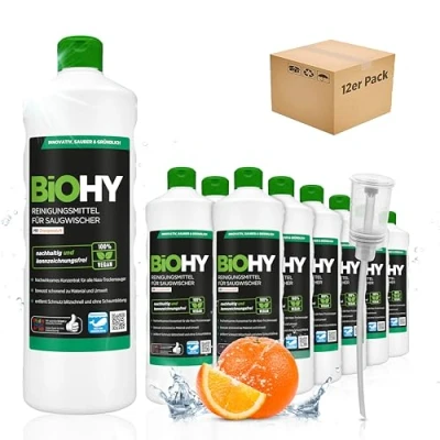 Abbildung von BiOHY Reinigungsmittel für Saugwischer mit Orangenduft (12 x 1 Liter) + Dosierer 1:200 Konzentrat alle Nass Trockensauger ideal Fliesen, PVC, Parkett, Laminat &amp; Teppich streifenfrei