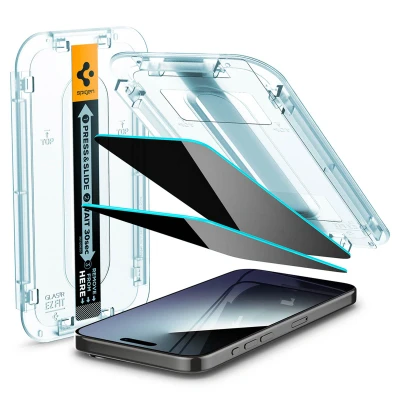 Abbildung von Spigen Glas.tR EZ Fit Sichtschutz Schutzfolie kompatibel mit iPhone 15 Pro Max, 2 Stück, Privacy Schutz, Kratzfest, 9H Härte Folie