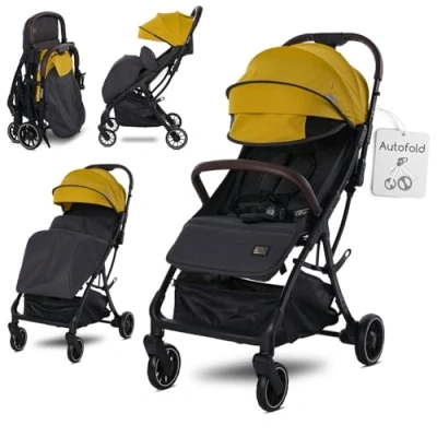 Abbildung von Lorelli Kinderwagen Minori, Sport Buggy klein zusammenklappbar, Autofold Einhand Klappsystem, Nur 9,3kg, kompakter Sportsitz bis 22kg, Baby Reisebuggy mit Flaschenhalter, PU Leder Handgriff, Gelb