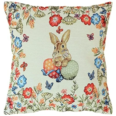 Abbildung von matches21 Kissenbezug Kissenhülle Heimtextilien Gobelin Osterhasen &amp; Blumen gewebt beige bunt 1 STK 40x40 cm Mischgewebe