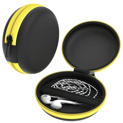 Abbildung von EAZY CASE Universal Tasche für In Ear Kopfhörer mit Netzfach Hardcase Aufbewahrungsbox, Schutztasche umlaufenden Reißverschluss, extra klein, rund, Gelb