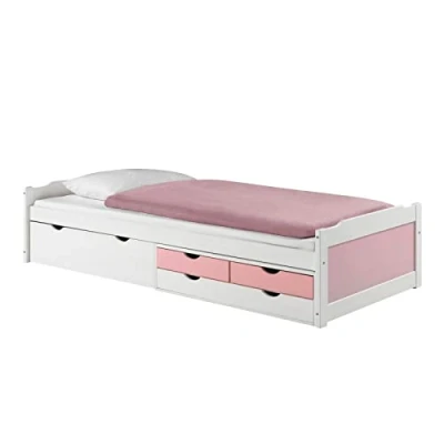 Abbildung von IDIMEX Funktionsbett ANDREA, Bett mit Stauraum ANDREA weiss/rosa Gästebett Tagesbett 4 Schubladen K