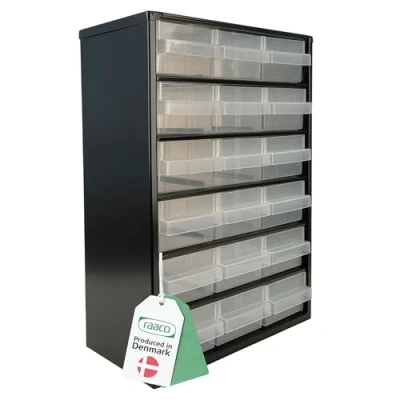 Abbildung von raaco Kleinteilemagazin C9 18, 20 kg Last, 15 x 30,6 42 cm, 18 Schubladen, beschichteter Stahl, geeignet für Wandmontage, Schraubenregal mit Sortierboxen Kleinteile Werkstatt Ordnungssystem