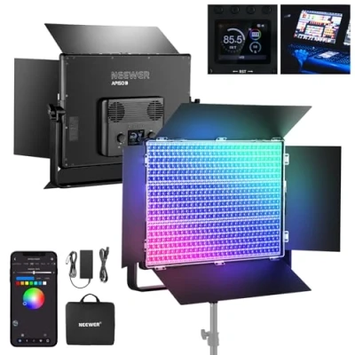 Abbildung von NEEWER 150W RGB LED Panel Videolicht Set mit Barn Doors, 1800 LED, 42500Lux bei 0,5m, 250010000K, CRI96+/TLCI97+, 0,0%100% Dimmen, APP/2,4 G/Panel/DMX Steuerung für Profi Studiobeleuchtung, AP150C