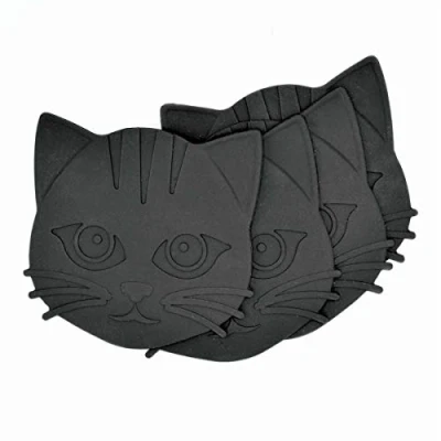 Abbildung von Invotis 4er Set Untersetzer Katze in schwarz und grau, Glasuntersetzer, Abmessungen je Untersetzer: 9 x 9,5 0,2 cm, Material: Silikon, schicke Tischdeko schönes Geschenk für Katzen Fans