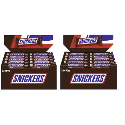 Abbildung von SNICKERS Riegel 2x 32x50g Schokoriegel Schokolade Milchschokolade, gefüllt mit feiner Candy Creme und Karamell Erdnüssen