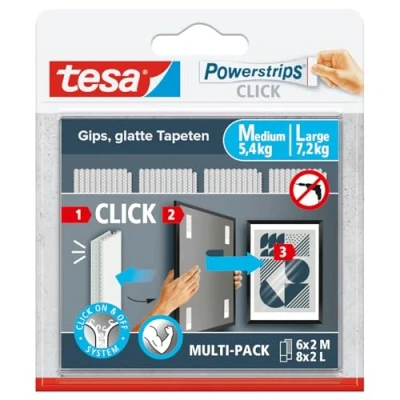Abbildung von tesa Powerstrips Click Klett Klebepads zum An und Abklicken von Bilderrahmen Wanddekorationen ohne Bohren selbstklebende Klettband Strips mit ON OFF System 6 x 2 M, 8 L
