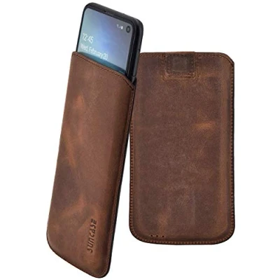 Abbildung von Suncase Original Leder Etui kompatibel mit Samsung Galaxy S10e Hülle Tasche Ultra Slim Ledertasche Schutzhülle Case (mit Rückzuglasche) in antik Coffee