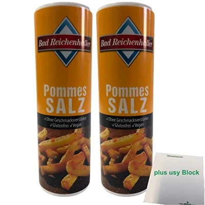 Abbildung von Pommes Salz Bad Reichenhaller Gastro Streuer 2er Pack (2x300g XXL Streuer) plus usy Block Genussmensch