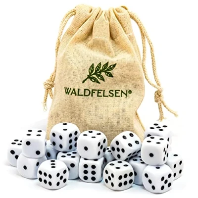 Abbildung von Waldfelsen 6, 12, 20, 30 oder 50 hochqualitative Würfel Standardgröße 16 mm Acrylwürfel Knobel Spielwürfel Dice 6 seitig sechsseitig Spielzubehör Set mit Stoffbeutel (Weiß, 20 Stück)