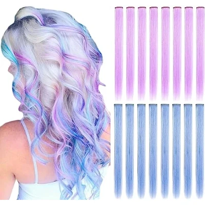 Abbildung von ZHAOWWEI 14 PCS Princess Bunte Erweiterungen Mehrfarbige Party Highlights Streifen Synthetische Haarteile Clip In/Clip On Farbige Haarverlängerungen (hellblau hellviolett)