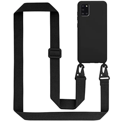 Abbildung von Cadorabo Handykette kompatibel mit Samsung Galaxy A31 Schutzhülle TPU Liquid Silikon Case Necklace verstellbarem Band Kordel Etui Rundumschutz Hülle für in Schwarz