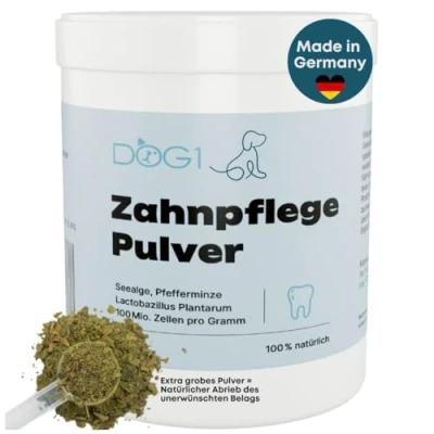 Abbildung von dog1 Zahnpflege Pulver für Hunde I Mittel gegen Zahnstein Hund Natürliche besonders effektive Zahnreinigung bei gelben Zähnen, Mundgeruch und Plaque (200 g)