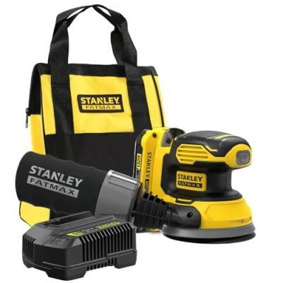 Abbildung von Stanley FatMax 18V Akku Exzenterschleifer SFMCW220D1S (2.0 Ah, mit Staubsaugeranschluss, Staubfangsack, staubversiegelter Schalter Vibrationsarmes Schleifgerät kraftvollem Motor 125mm)