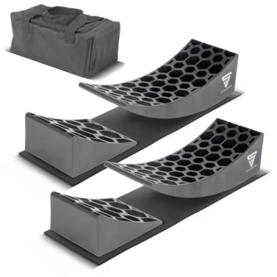 Abbildung von STAHLWERK Auffahrkeile GT 17 ST 2er Set bis 15,8 t Achslast Unterlegkeil Stufenkeil Ausgleichskeil Rundkeil für Reisemobil, Campingmobil, Wohnmobil, Caravan oder Wohnwagen