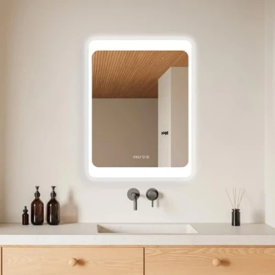 Abbildung von HOKO® LED Badspiegel 60x80 cm Duisburg + ANTIBESCHLAG SPIEGELHEIZUNG DIGITAL Uhr. Spiegel fürs Bad mit Touch Schalter Licht Wechsel Warmweiß Kaltweiß Neutral