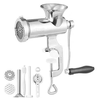 Abbildung von VEVOR Manuelle Fleischwolf Hand 304 Edelstahl, 5 &amp; 8 mm Schneidplatten Fleischmaschine mit Wurstrohr, Geeignet für Fleisch Gemüse Schleifen und Wurstfüllung Silber