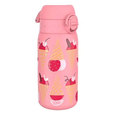 Abbildung von ION8 Kinder Trinkflasche, Edelstahl 400ml, Auslaufsicher, Einhandöffnung, Sichere Verriegelung, Spülmaschinenfest, Klappdeckel, Tragegriff, Leicht zu Reinigen, Langlebig &amp; Kratzfest, Eis Cremes Design