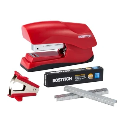 Abbildung von Bostitch Office Heavy Duty 40 Blatt Hefter mit 1250 Heftklammern &amp; Krallenentferner, kleine Heftgerät Größe, passt in die Handfläche, Vorteilspack, Rot (B175 RED VP)