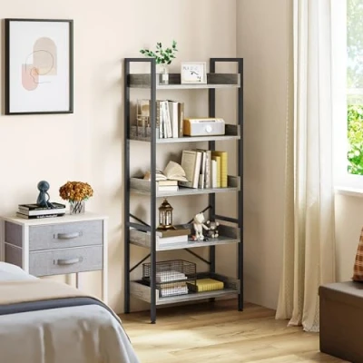 Abbildung von YITAHOME Bücherregal mit 5 Ebenen, bodenstehendes Bücherregal, Holzregal und stabile Stahlrahmenregale 4 Haken, industrielles Lagerregal für Wohnzimmer, Heimbüro, Graues Standregal