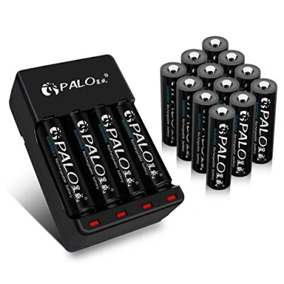Abbildung von PALO AA 600 mAh wiederaufladbare Akkus (16er Pack) und NI MH &amp; AAA Akku Ladegerät mit USB Kabel