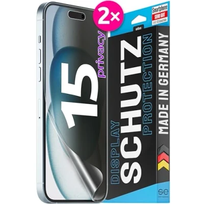 Abbildung von 2x se® 3D SCHUTZFOLIE Privacy für Apple iPhone 15 ,Blickschutz entspiegelt, 100% Fingerabdruck &amp; FaceID kompatibel, anti Fingerabdrücke, Stoß Kratzfest, hüllenfreundlich, produziert in Deutschland