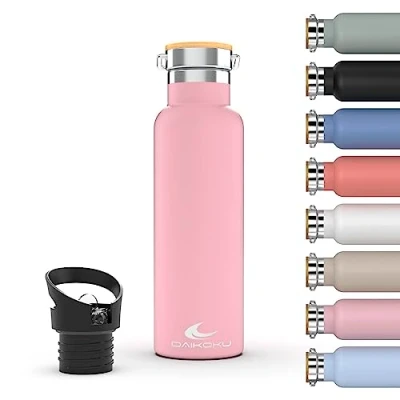 Abbildung von Daikoku Bottle, Doppelwandige Thermosflasche aus Edelstahl, Thermosflasche, die das Getränk stundenlang heiß oder kalt hält, zwei Verschlüsse, rosa, 1 L