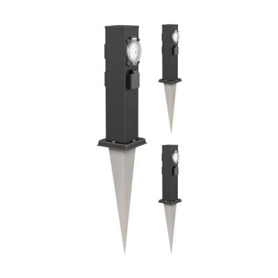 Abbildung von ledscom.de 3 Stück Garten Steckdosen Säule Polly mit Erdspieß für außen, IP44, Fach Timer/Zeitschaltuhr, Edelstahl, eckig, schwarz, 38cm
