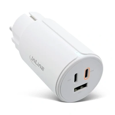 Abbildung von InLine USB Ladegerät 3 Port, 2X C, 1x A, GaN Technologie, 65W, Schnellladegerät, PD3.0, QC 3.0, Netzteil für MacBook Pro/Air, iPhone/Pro/Mini, iPad Pro, Pixel und mehr, weiß, 31506G