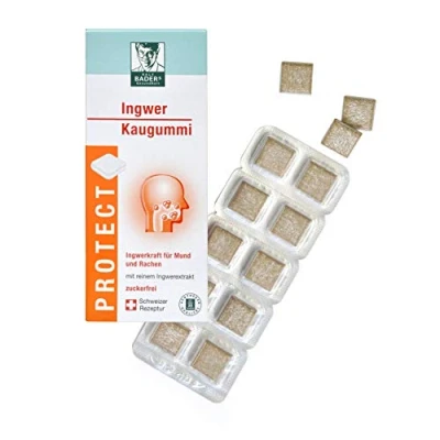 Abbildung von BADERs PROTECT Ingwer Kaugummi aus der Apotheke. Mit den Scharfstoffen Gingerole. Ideal auch bei Reisen. Orangengeschmack. 20 Quadrate